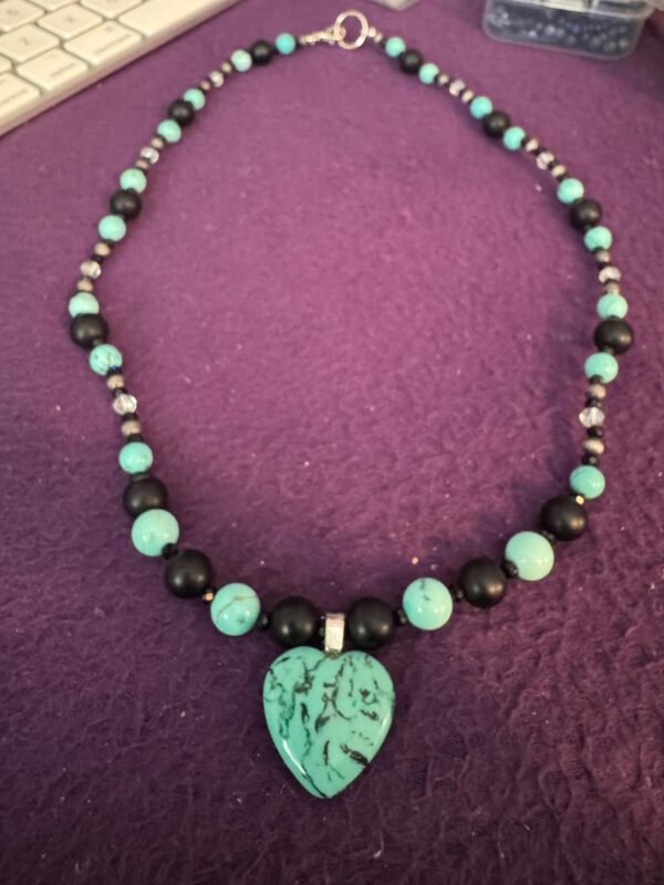 Turquoise Heart and Onyx Necklace | Handmade Protection - Communication Jewelry | Turquoise Howlite & Hematite - Image 6