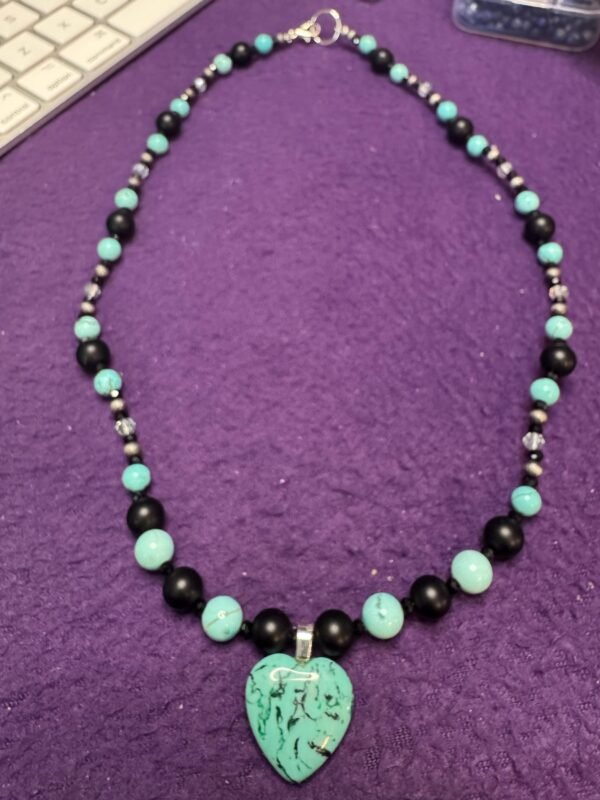Turquoise Heart and Onyx Necklace | Handmade Protection - Communication Jewelry | Turquoise Howlite & Hematite - Image 3