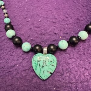 Turquoise Heart and Onyx Necklace | Handmade Protection - Communication Jewelry | Turquoise Howlite & Hematite