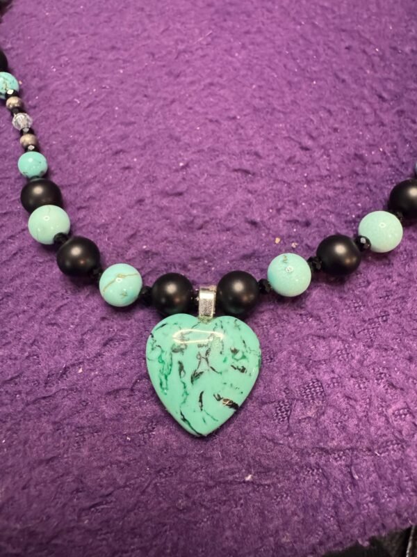 Turquoise Heart and Onyx Necklace | Handmade Protection - Communication Jewelry | Turquoise Howlite & Hematite