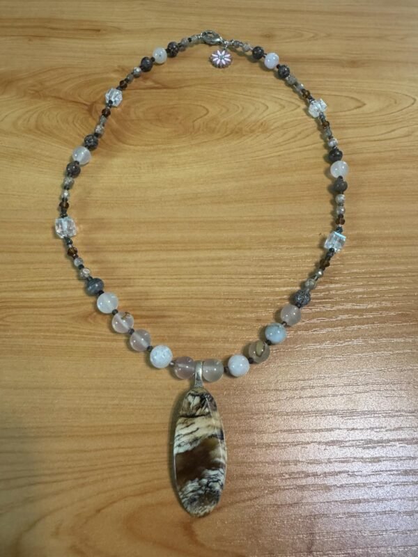 Petrified Wood Necklace | Agate & Smoky Quartz Gemstone Jewelry | Grounding Handmade Necklace for Stability - Wisdom