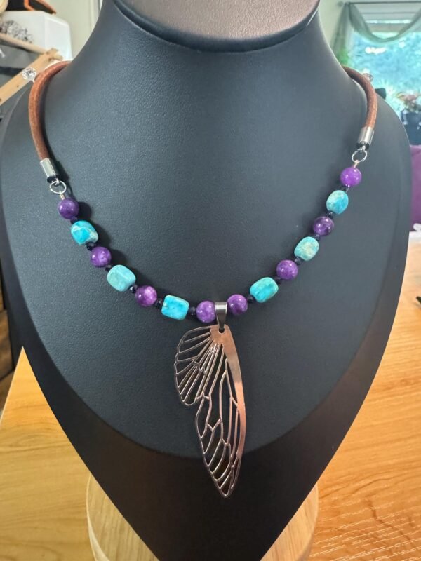 Butterfly Wing Necklace | Turquoise Howlite, Charoite - Blue Goldstone Jewelry | Transformation & Intuition Boho Necklace - Image 2