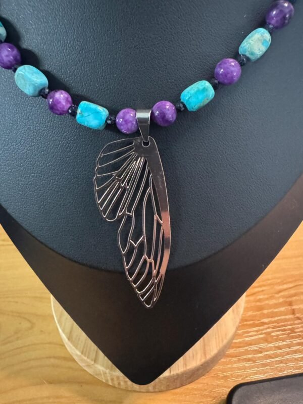Butterfly Wing Necklace | Turquoise Howlite, Charoite - Blue Goldstone Jewelry | Transformation & Intuition Boho Necklace - Image 3