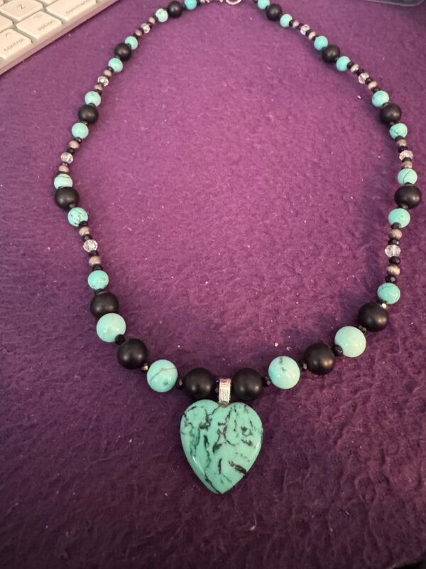 Turquoise Heart and Onyx Necklace | Handmade Protection - Communication Jewelry | Turquoise Howlite & Hematite - Image 5