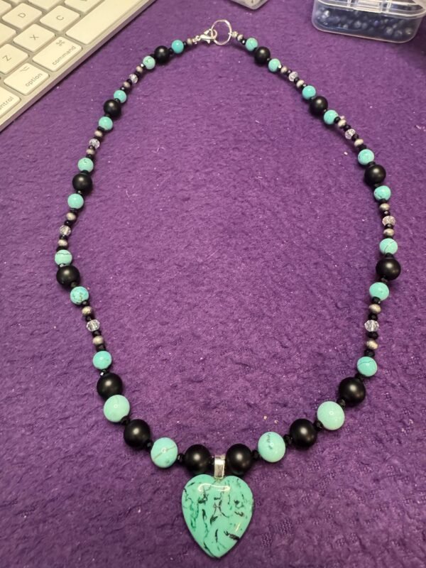 Turquoise Heart and Onyx Necklace | Handmade Protection - Communication Jewelry | Turquoise Howlite & Hematite - Image 2