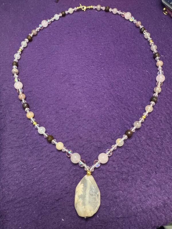 Flower Agate and Rose Quartz Necklace | Handmade Love - Grounding Jewelry |  Heart Chakra Necklace - Image 2