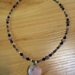 Rhodonite, Rutilated Quartz and Glass Necklace – Emotional Healing & Strength