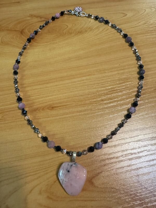 Rhodonite, Rutilated Quartz and Glass Necklace – Emotional Healing & Strength
